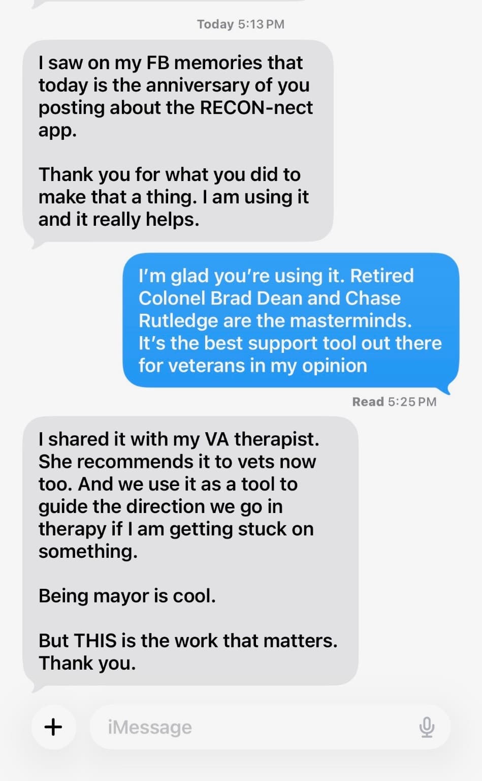 Veteran text message testimonial shared anonymously with permission
